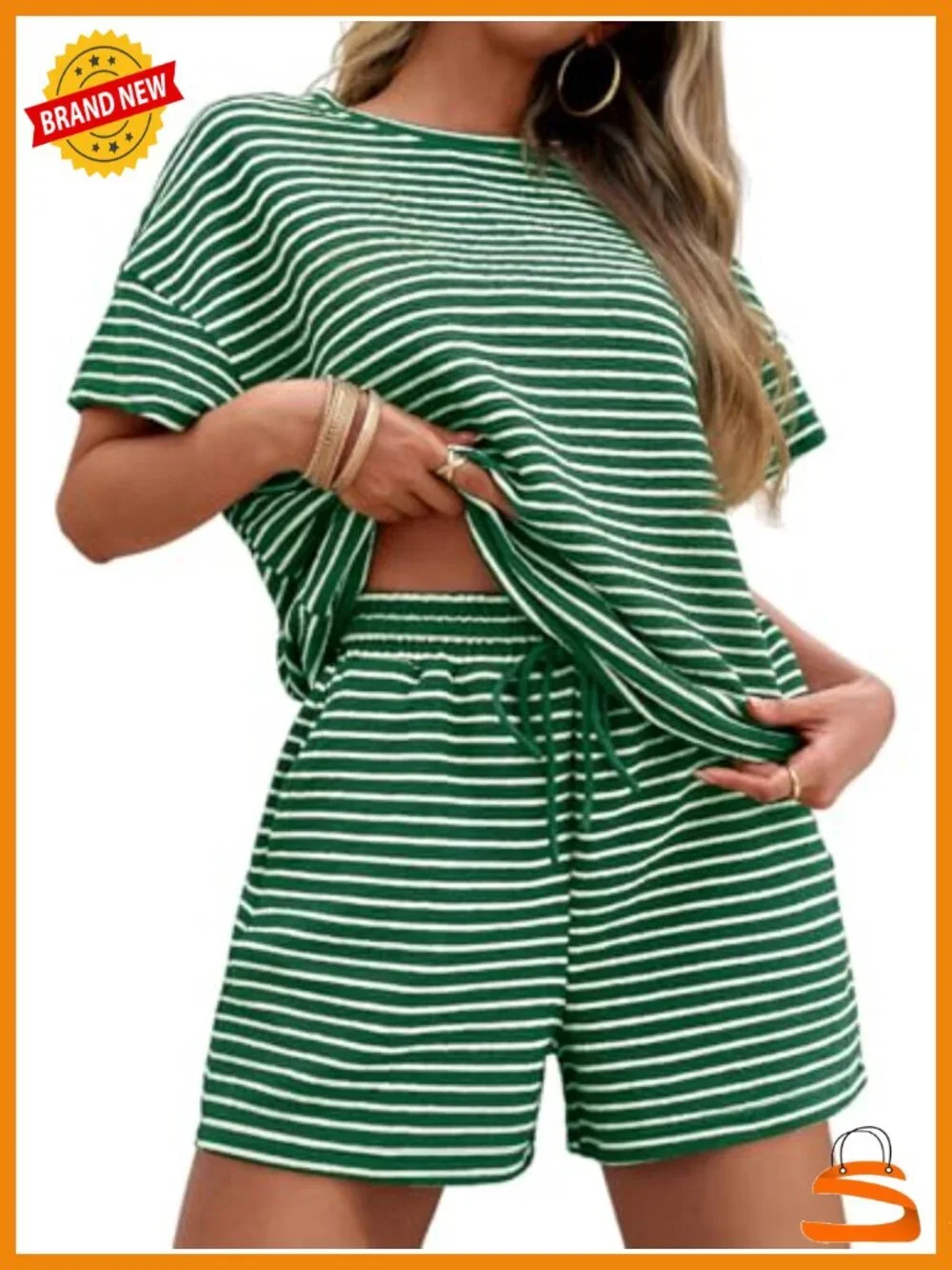 Striped 2 Piece Lounge Set Short Sleeve Drawstring Shorts Matching Set Pajamas